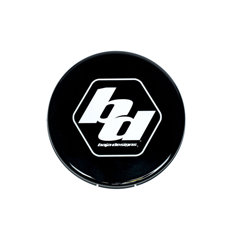 Baja Designs Squadron-R 2.0 Single Rock Guard, whole product on a studio background: A black round rock guard cover printed with a white Baja Designs logo on white