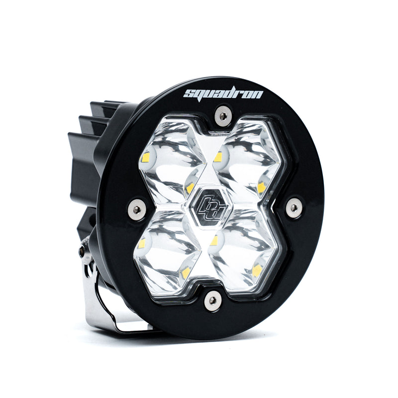 Baja Designs Squadron-R 2.0 Sport Black LED Auxiliary Light Pod, whole product on a studio background: A round black Squadron-R LED pod with a clear spot lens on a white background