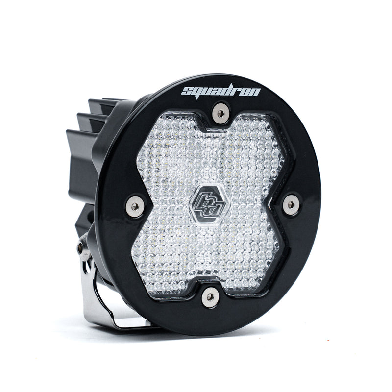 Baja Designs Squadron-R 2.0 Sport Black LED Auxiliary Light Pod, whole product on a studio background: A round black Squadron-R LED pod with a clear diffused lens on a white background