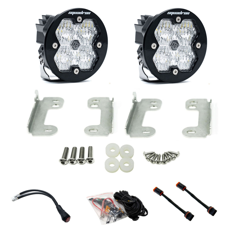 Baja Designs Squadron-R 2.0 Sport Fog Pocket Light Kit, complete kit on a studio background: pair of round Squadron-R pods