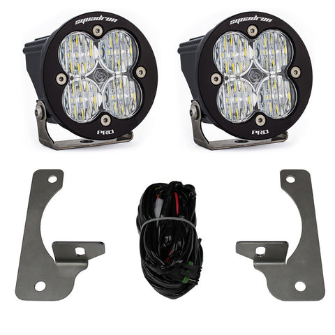 Baja Designs Squadron-R Pro Fog Pocket Light Kit, complete kit on a studio background: pair of round black Squadron-R Pro pods