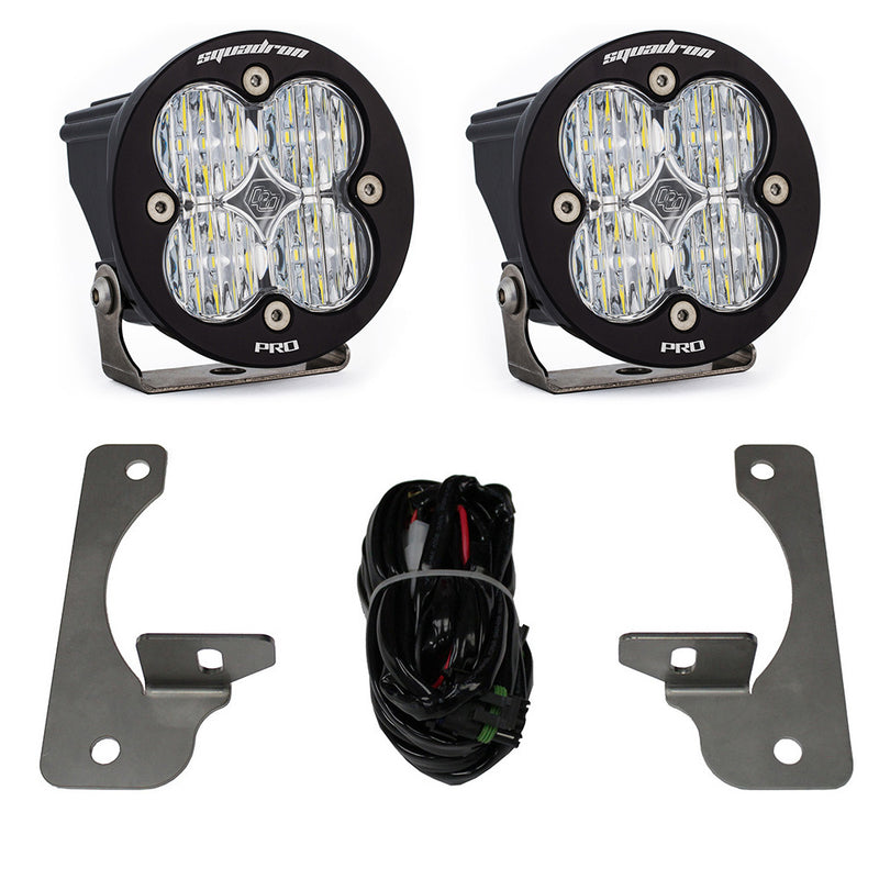 Baja Designs Squadron-R Pro Fog Pocket Light Kit, complete kit on a studio background: pair of round black Squadron-R Pro pods
