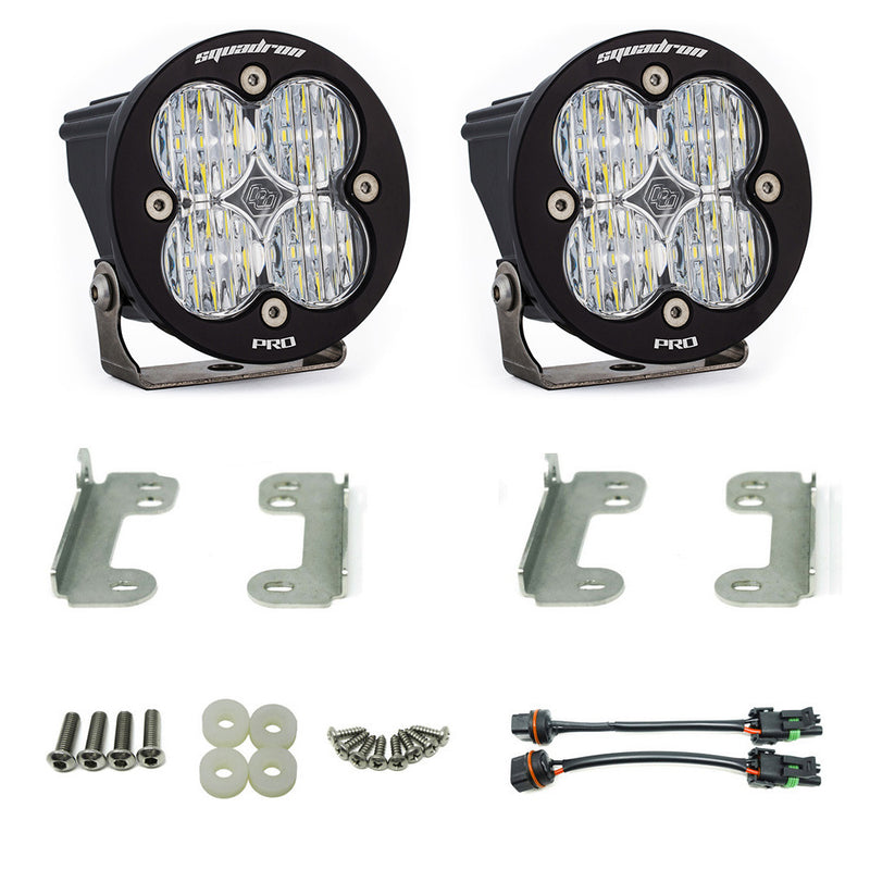Baja Designs Squadron-R Pro Fog Pocket Light Kit, complete kit on a studio background: pair of round black Squadron-R Pro pods