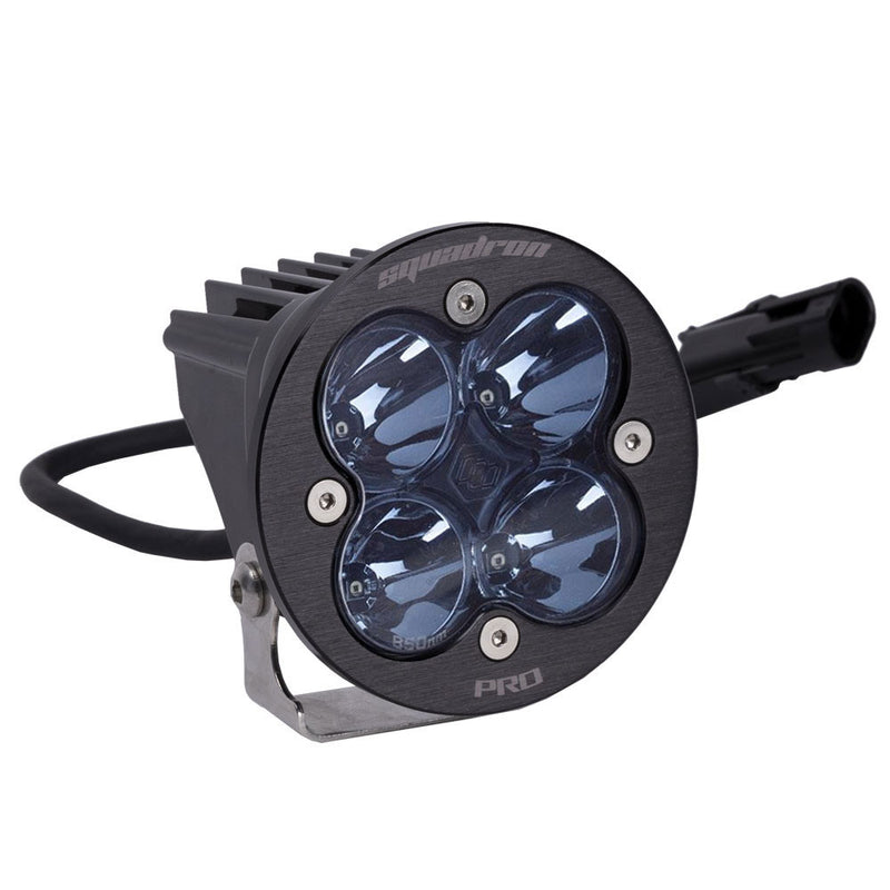 Baja Designs Squadron-R Pro Infrared LED Light Pod, whole product on a studio background: A round black Squadron-R Pro LED pod