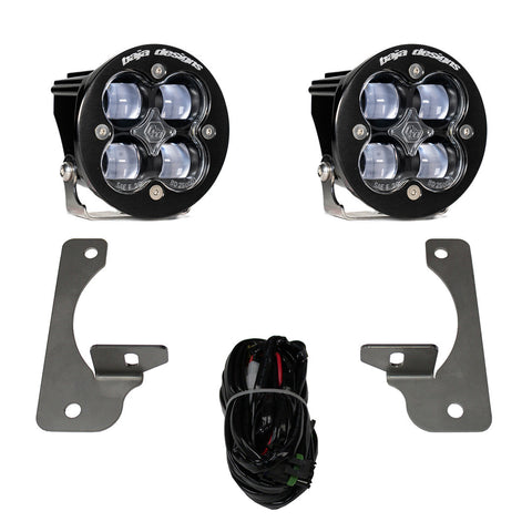 Baja Designs Squadron-R SAE Fog Pocket Light Kit, complete kit on a studio background: A pair of black Squadron-R pods