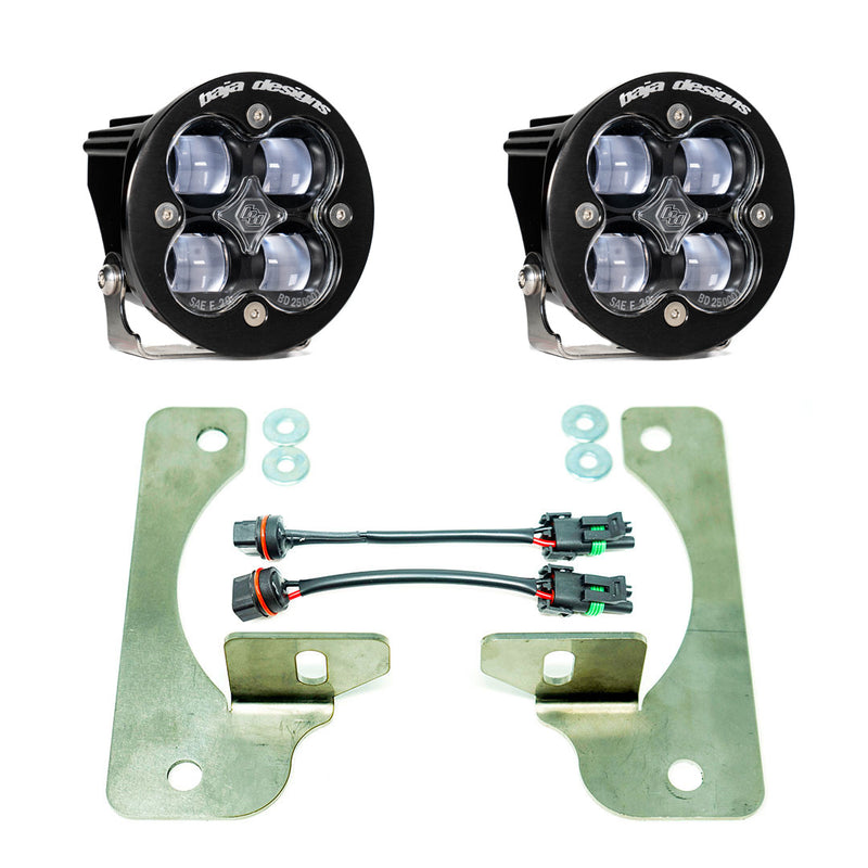 Baja Designs Squadron-R SAE Fog Pocket Light Kit, complete kit on a studio background: pair of round black Squadron-R SAE fog pods