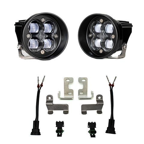 Baja Designs Squadron-R SAE Fog Pocket Light Kit, complete kit on a studio background: pair of round clear-lens Squadron-R fog pods