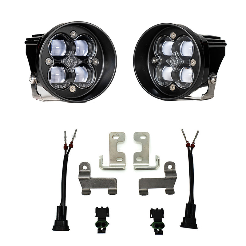 Baja Designs Squadron-R SAE Fog Pocket Light Kit, complete kit on a studio background: pair of round clear-lens Squadron-R fog pods