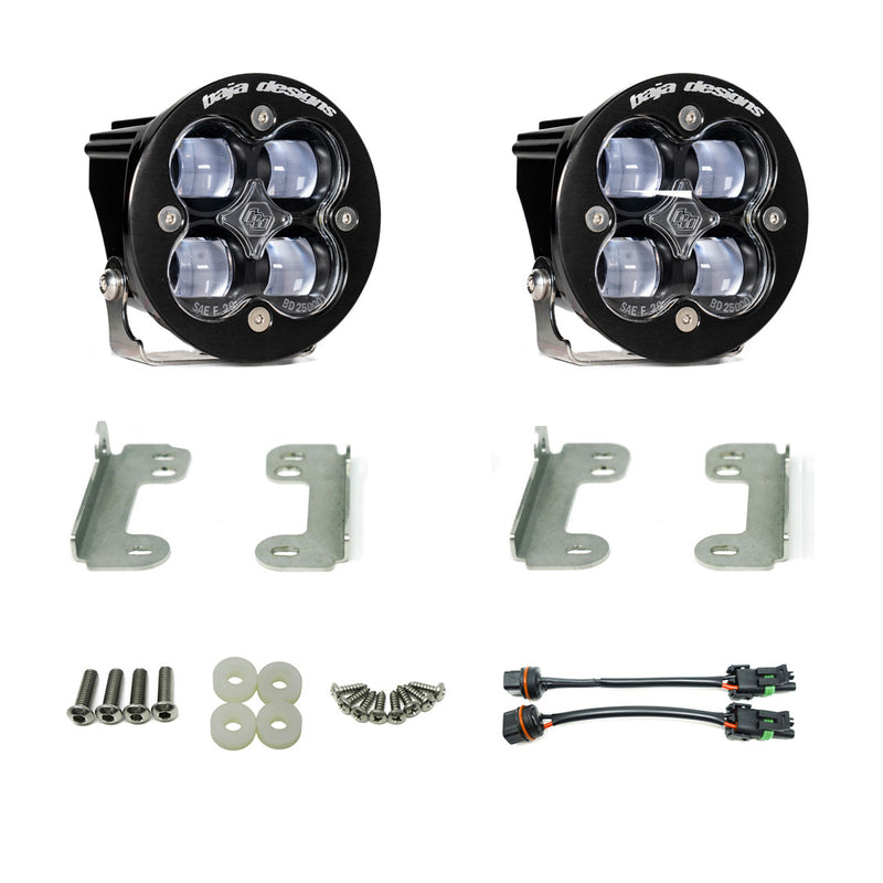 Baja Designs Squadron-R SAE Fog Pocket Light Kit, complete kit on a studio background: pair of round Squadron-R fog pods with clear lenses, four steel brackets, hardware and two adapter harnesses on white
