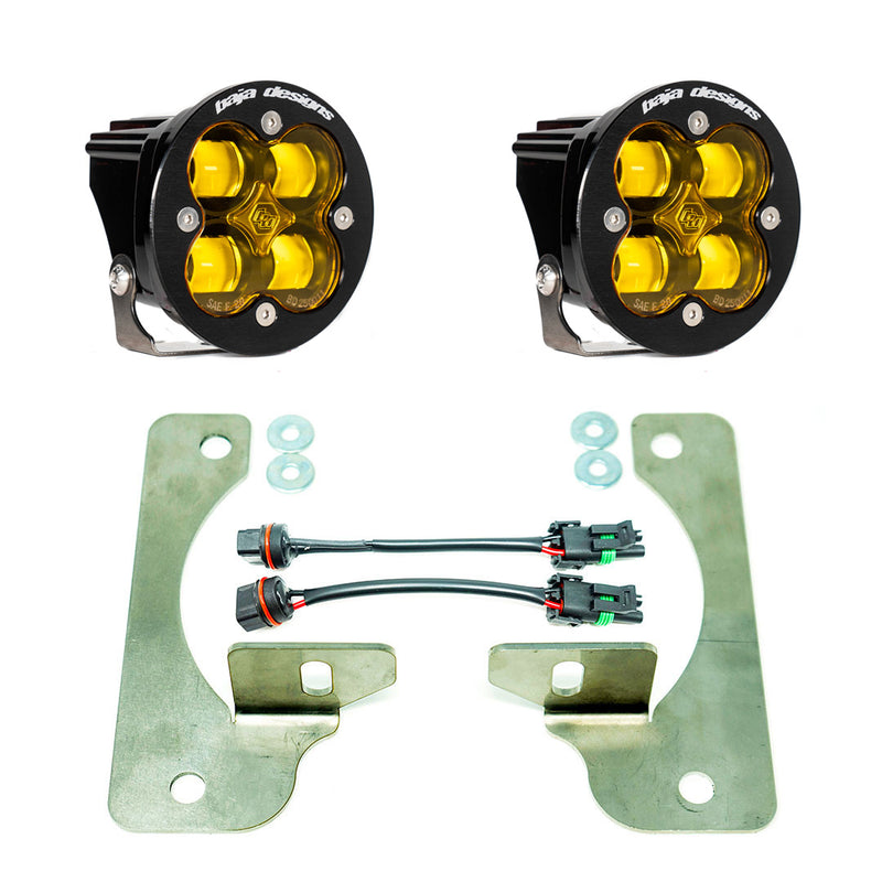 Baja Designs Squadron-R SAE Fog Pocket Light Kit, complete kit on a studio background: pair of round Squadron-R fog pods with amber lenses, two large flat steel brackets, washers and two adapter harnesses on white