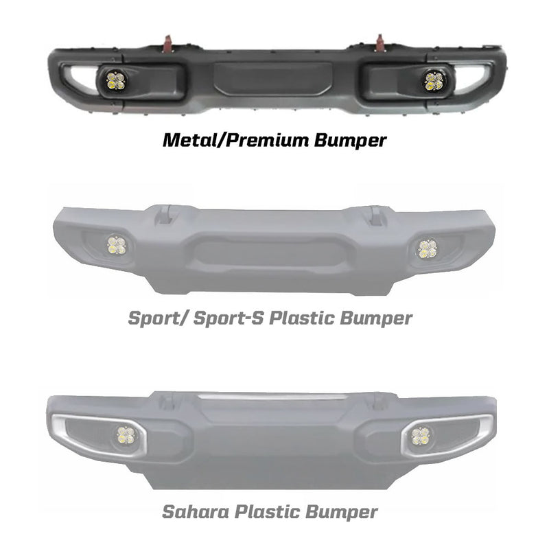 Baja Designs Squadron-R SAE Fog Pocket Light Kit: three Jeep front bumpers with square fog pods installed, labeled metal premium, Sport plastic and Sahara plastic, the lower two greyed out
