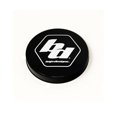 Baja Designs Squadron-R Single Rock Guard, whole product on a studio background: A black round rock guard cover with a white Baja Designs hex logo on a white background. Title gives no lens color and this SKU shows several colors, so the color