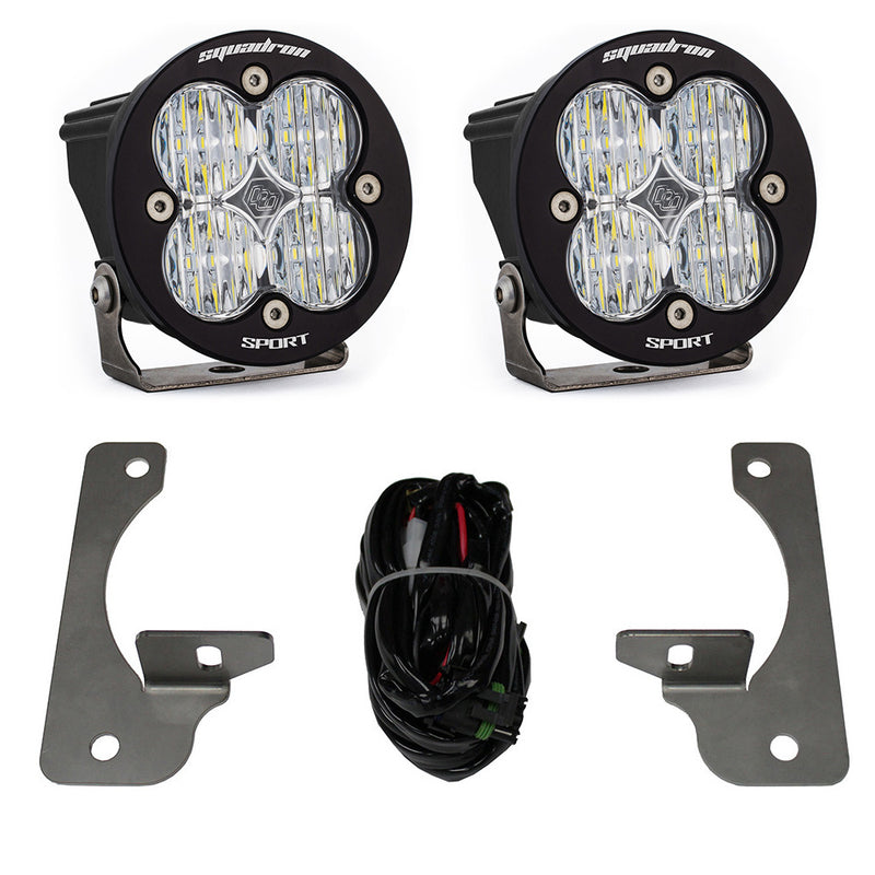 Baja Designs Squadron-R Sport Fog Pocket Light Kit, complete kit on a studio background: A pair of black Squadron Sport pods