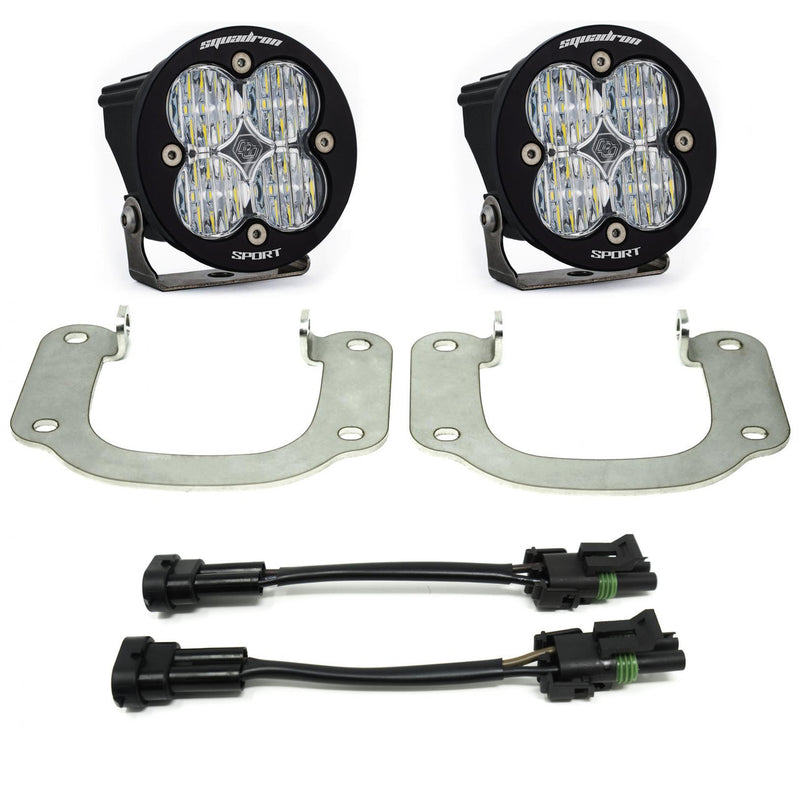Baja Designs Squadron-R Sport Fog Pocket Light Kit, complete kit on a studio background: two round black Squadron Sport pods
