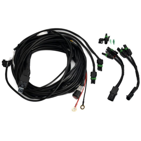 Baja Designs Squadron/S2/S1 3-Light Splitter, whole product on a studio background: black wiring harness with relay, switch, ring terminal and three connector pigtails on a white background