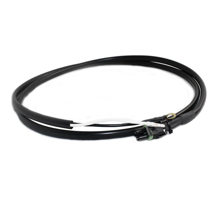 Baja Designs Squadron/S2/S1 Upfitter Wiring Harness, whole product on a studio background: A coiled black upfitter wiring harness with a weatherproof connector on a white background