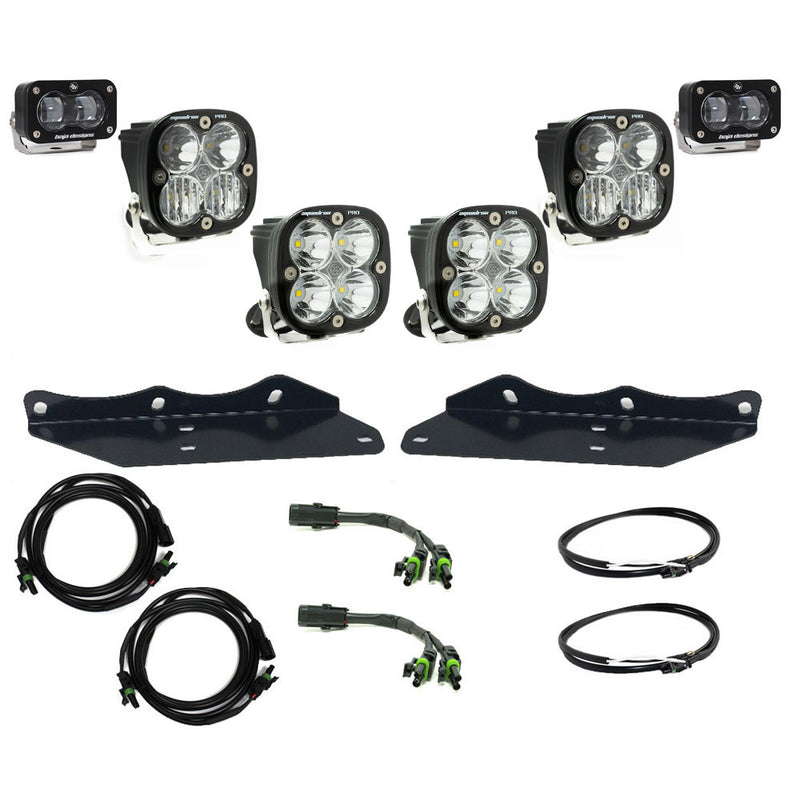 Baja Designs Squadron/S2 SAE Pro Fog Pocket Light Kit, complete kit on a studio background: four clear Squadron pods and two clear S2 pods with black brackets and wiring harnesses on white