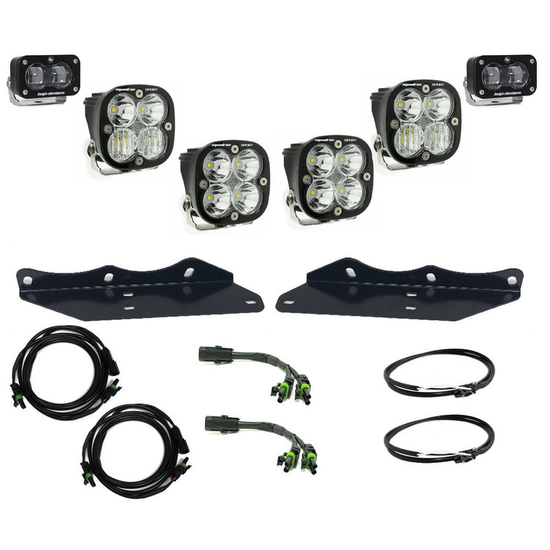 Baja Designs Squadron/S2 SAE Sportsman Fog Pocket Light Kit, complete kit on a studio background: four clear Squadron pods and two clear S2 pods with black brackets and wiring harnesses on white