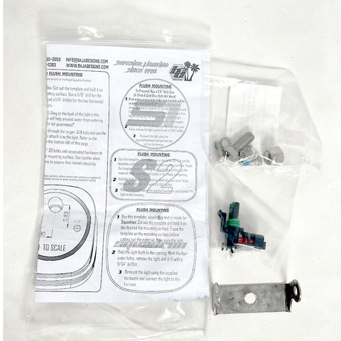 Baja Designs Squadron/S2 Series Parts Bag, whole product on a studio background: A clear parts bag holding a flush mounting instruction sheet, stainless bolts, a weatherproof connector