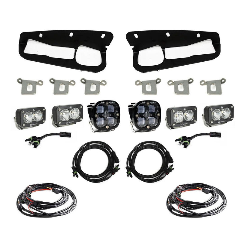 Baja Designs Squadron SAE/Dual S2 Sport Steel Bumper Fog Pocket Light Kit, complete kit on a studio background: bumper fog pocket kit