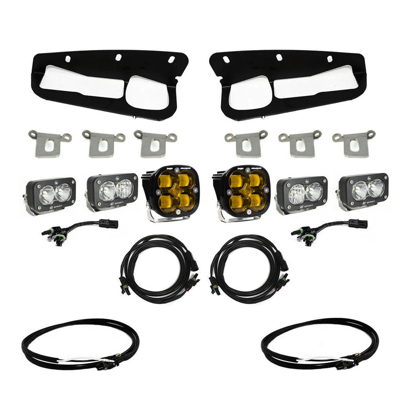 Baja Designs Squadron SAE/Dual S2 Sport Steel Bumper Fog Pocket Light Kit, complete kit on a studio background: bumper fog pocket kit with two black bezels, steel brackets, four S2 pods and two Squadron pods (amber Squadron pods and clear S2 pods)