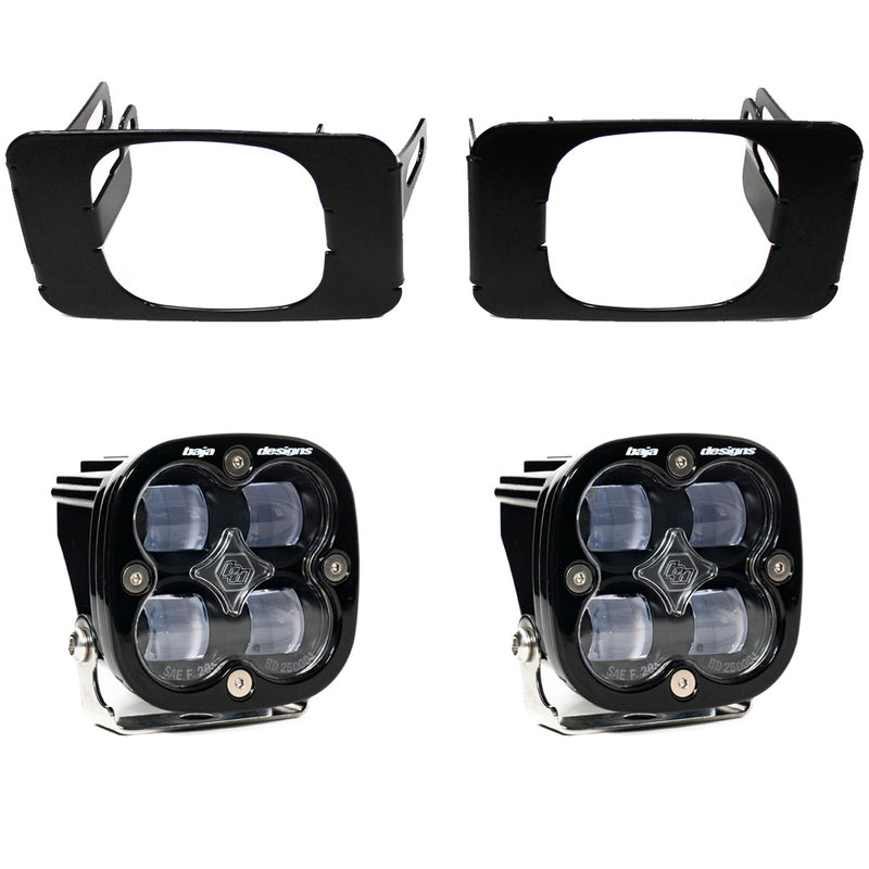Baja Designs Squadron SAE Fog Pocket Light Kit, complete kit on a studio background: pair of black Squadron SAE fog pods