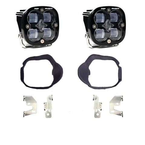 Baja Designs Squadron SAE Fog Pocket Light Kit, complete kit on a studio background: pair of black Squadron SAE pods