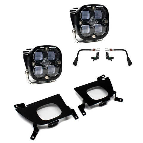 Baja Designs Squadron SAE Fog Pocket Light Kit, complete kit on a studio background: pair of square Squadron SAE pods
