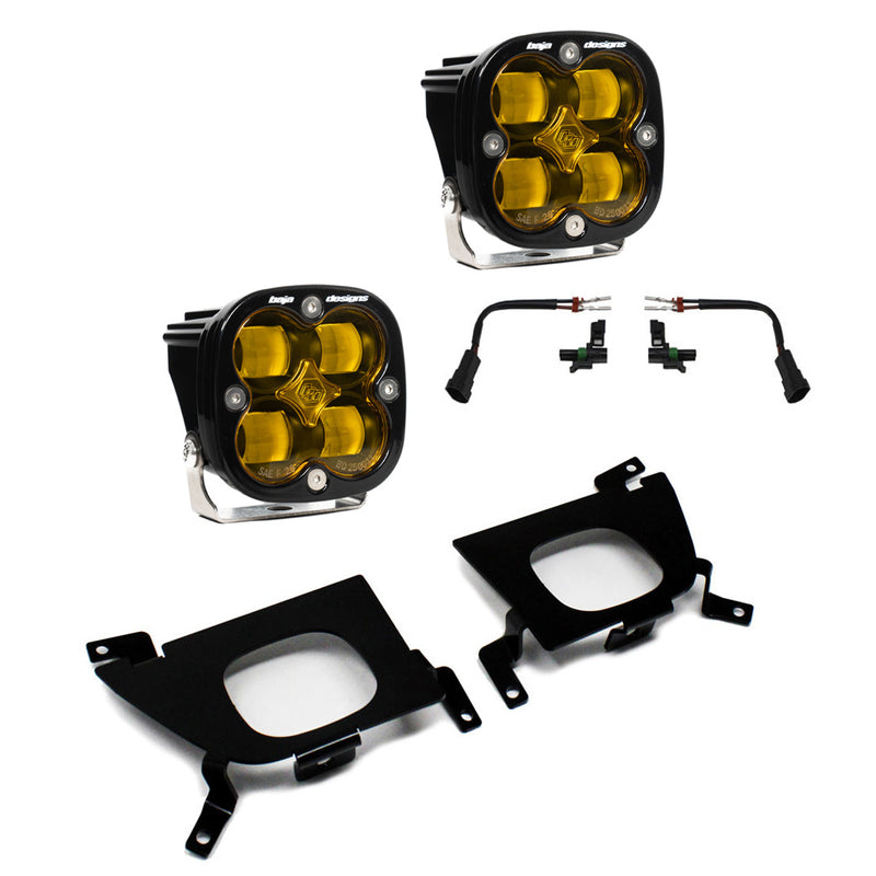 Baja Designs Squadron SAE Fog Pocket Light Kit, complete kit on a studio background: pair of square Squadron SAE pods with amber lenses, two black fog pocket brackets and wiring adapters on white