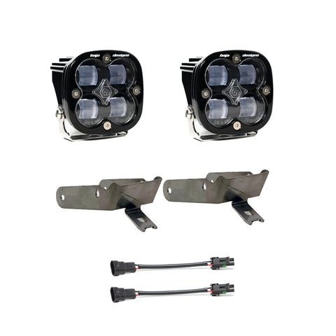 Baja Designs Squadron SAE Fog Pocket Light Kit, complete kit on a studio background: two clear square Squadron SAE pods