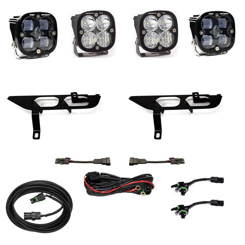 Baja Designs Squadron SAE/Sport Fog Pocket Light Kit, complete kit on a studio background: four black Squadron pods