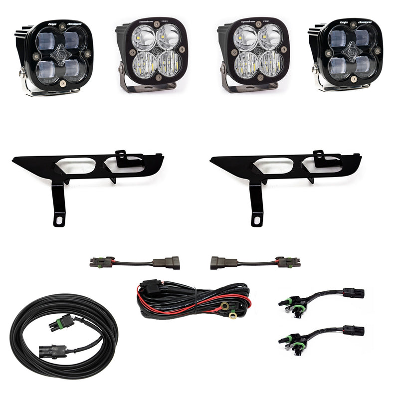 Baja Designs Squadron SAE/Sport Fog Pocket Light Kit, complete kit on a studio background: four black Squadron pods