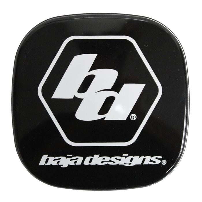 Baja Designs Squadron Single Rock Guard, whole product on a studio background: A black Squadron rock guard printed with the Baja Designs logo and wordmark on a white background
