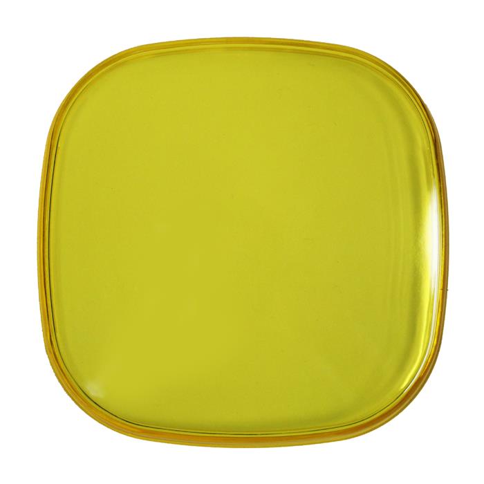 Baja Designs Squadron Single Rock Guard, whole product on a studio background: an amber translucent Squadron rock guard on a white background