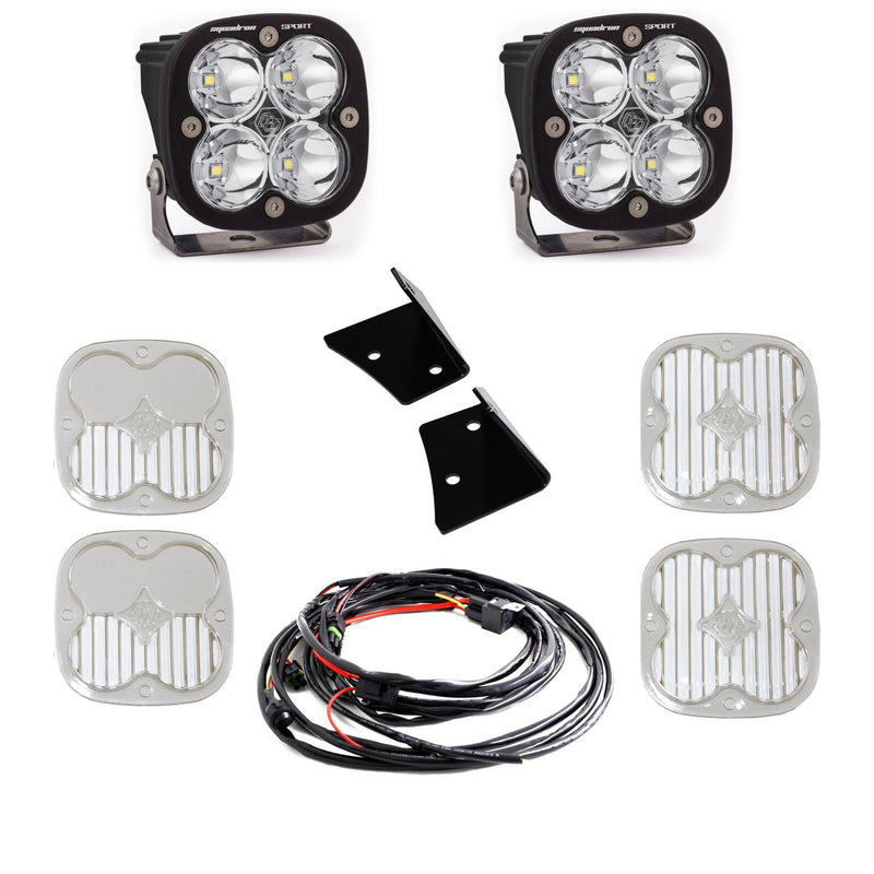 Baja Designs Squadron Sport A-Pillar Light Kit, complete kit on a studio background: two black Squadron Sport pods