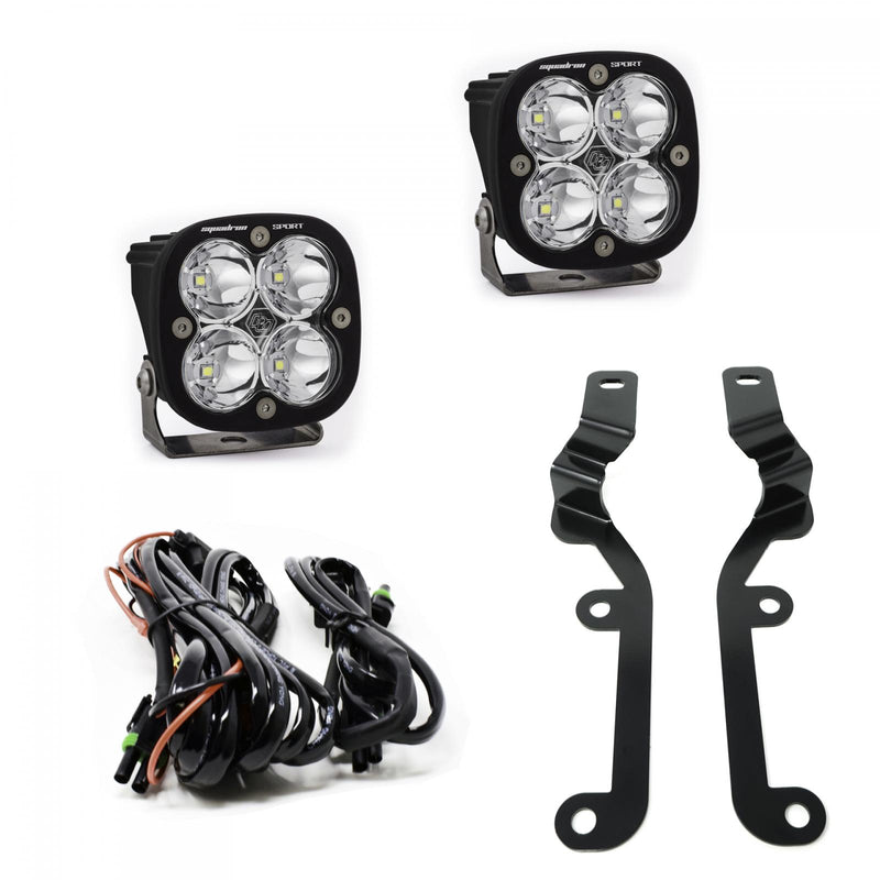 Baja Designs Squadron Sport A-Pillar Light Kit, complete kit on a studio background: two Squadron Sport LED pods