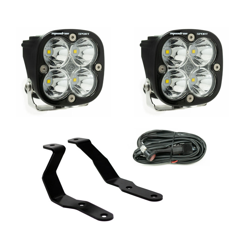 Baja Designs Squadron Sport A-Pillar Light Kit, complete kit on a studio background: two Squadron Sport LED pods
