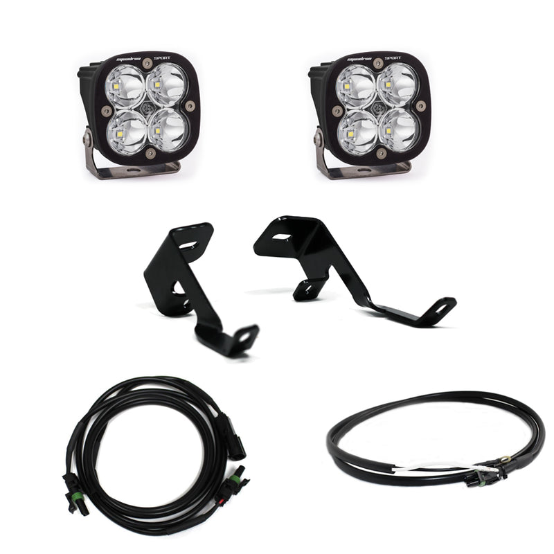 Baja Designs Squadron Sport A-Pillar Light Kit, complete kit on a studio background: two Squadron Sport LED pods with clear lenses, two A-pillar brackets, a harness and an extension lead on white