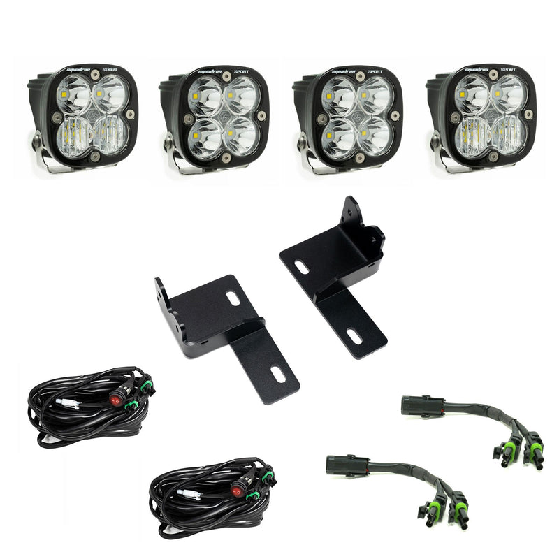 Baja Designs Squadron Sport Behind-the-Grille Kit, complete kit on a studio background: four clear-lens Squadron Sport LED pods