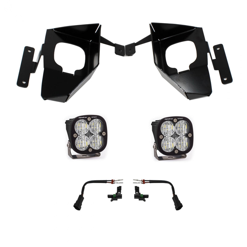Baja Designs Squadron Sport Fog Pocket Light Kit, complete kit on a studio background: pair of black Squadron Sport fog pods