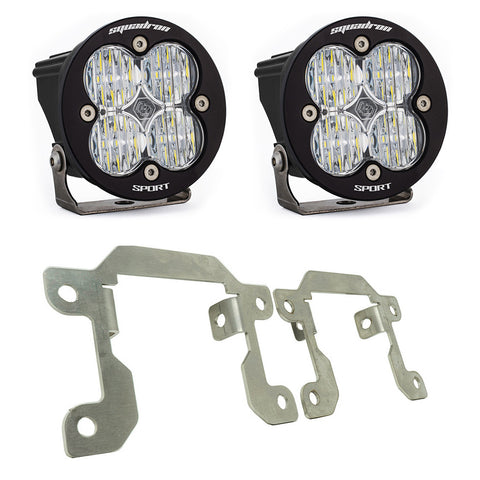 Baja Designs Squadron Sport Fog Pocket Light Kit, complete kit on a studio background: pair of round black Squadron Sport pods