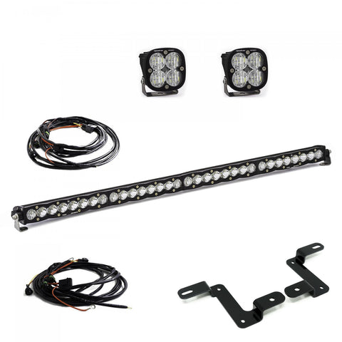 Baja Designs Squadron Sport/S8 40" A-Pillar/Cowl Mount Light Kit, complete kit on a studio background: two Squadron LED pods, an S8 light bar, two wiring harnesses