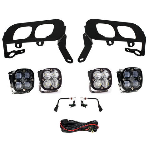 Baja Designs Squadron Sport/SAE Dual Fog Pocket Light Kit, complete kit on a studio background: four black Squadron pods