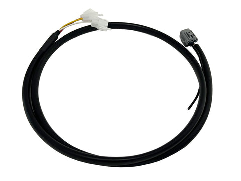 Baja Designs Upfitter Harness, whole product on a studio background: A coiled black upfitter wiring harness with a white connector on one end and a gray connector on the other, on white