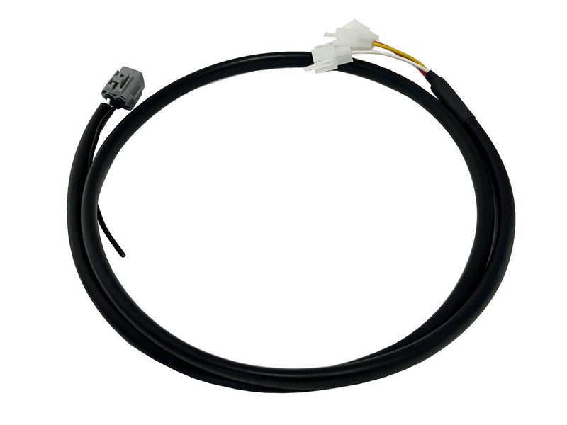Baja Designs Upfitter Harness, whole product on a studio background: A coiled black upfitter wiring harness with a white connector on one end and a gray connector on the other, on white