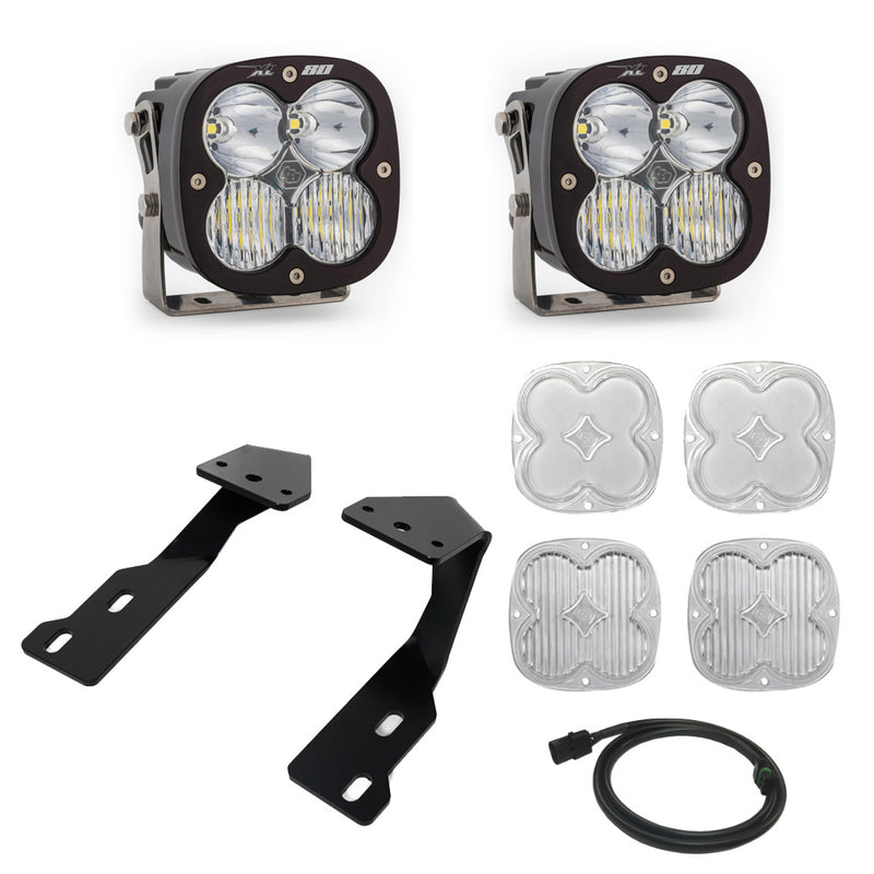 Baja Designs XL 80 A-Pillar Kit, complete kit on a studio background: two black XL 80 pods