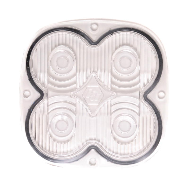 Baja Designs XL Light Pod Lens Kit, complete kit on a studio background: A clear XL pod lens seen from the back, showing four ring optics and a seated black gasket, on a white background. Title gives no lens color and this SKU shows several colors