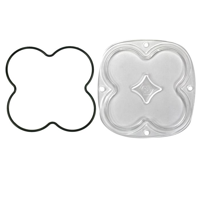 Baja Designs XL Light Pod Lens Kit, complete kit on a studio background: A clear XL pod lens with a smooth face beside a black clover shaped gasket on a white background. Title gives no lens color and this SKU shows several colors, so the color