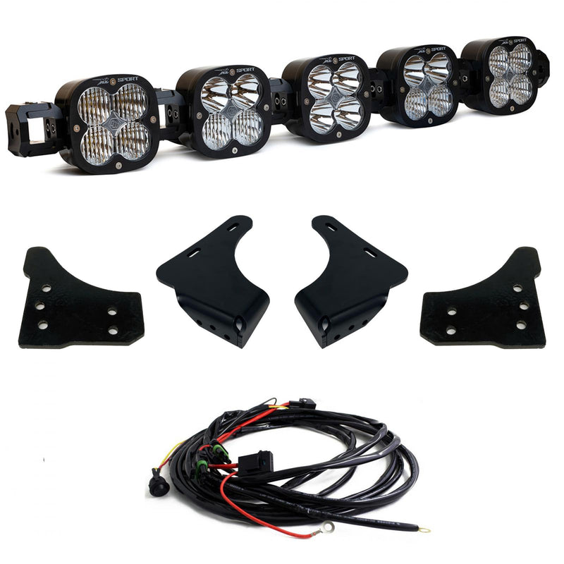 Baja Designs XL Linkable Bumper Light Kit, complete kit on a studio background: A five-pod XL Linkable light bar kit on white