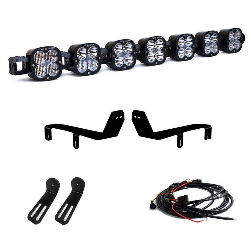 Baja Designs XL Linkable Bumper Light Kit, complete kit on a studio background: A seven-pod XL Linkable light bar kit on white